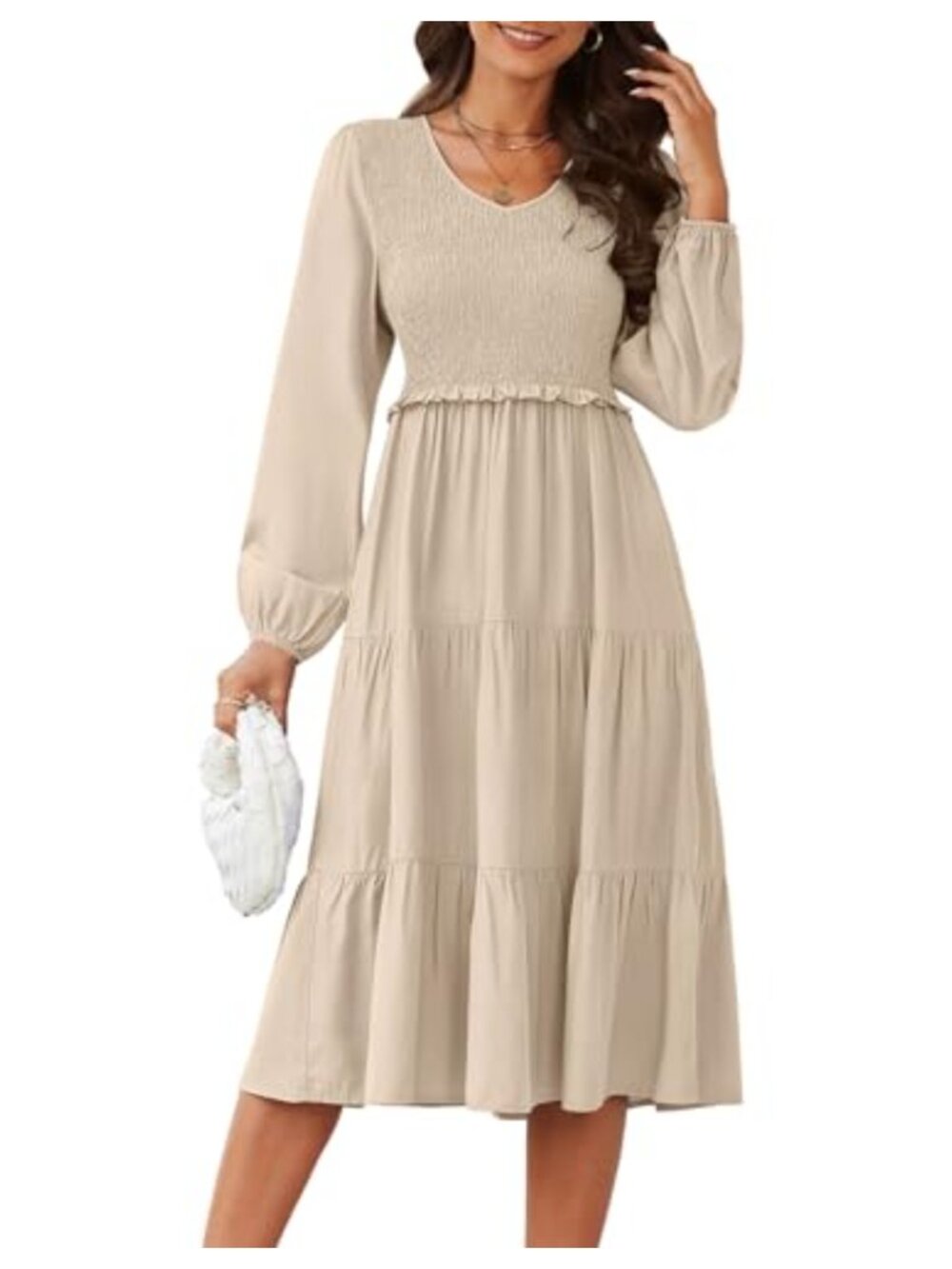 Women's Fall Long Sleeve Smocked Flowy Boho Midi Dress, V-Neck A-Line